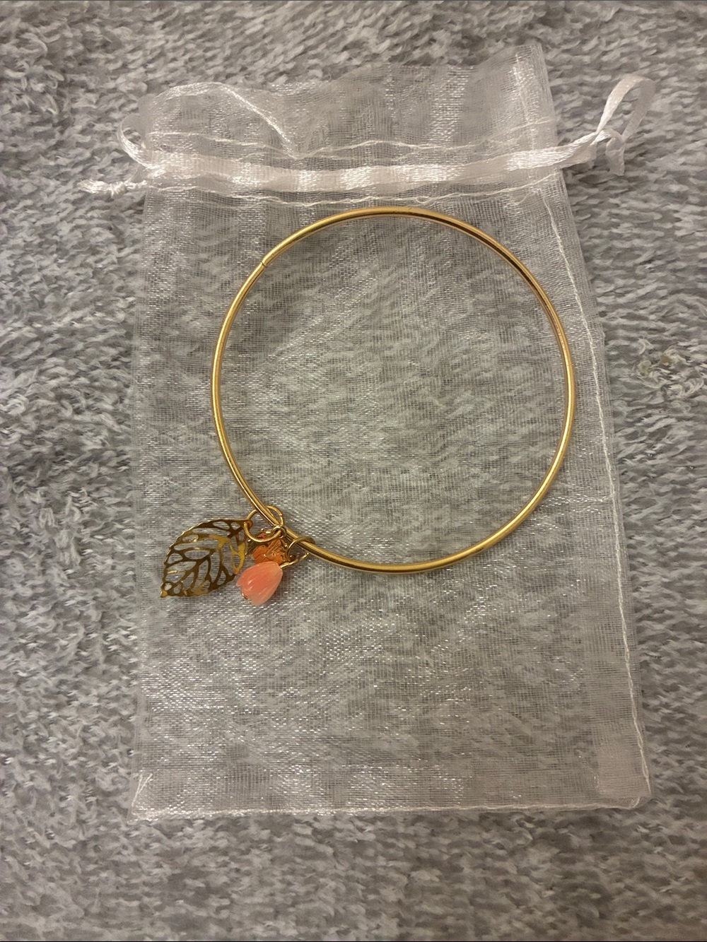 Gold Leaf Charm Bangle with Coral Pink Teardrop Charm